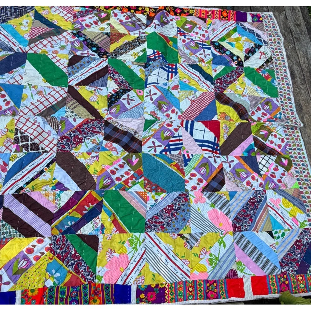 Vintage Handmade Crazy Quilt Patchwork Multi Color Mixed Pattern Folk Art Throw